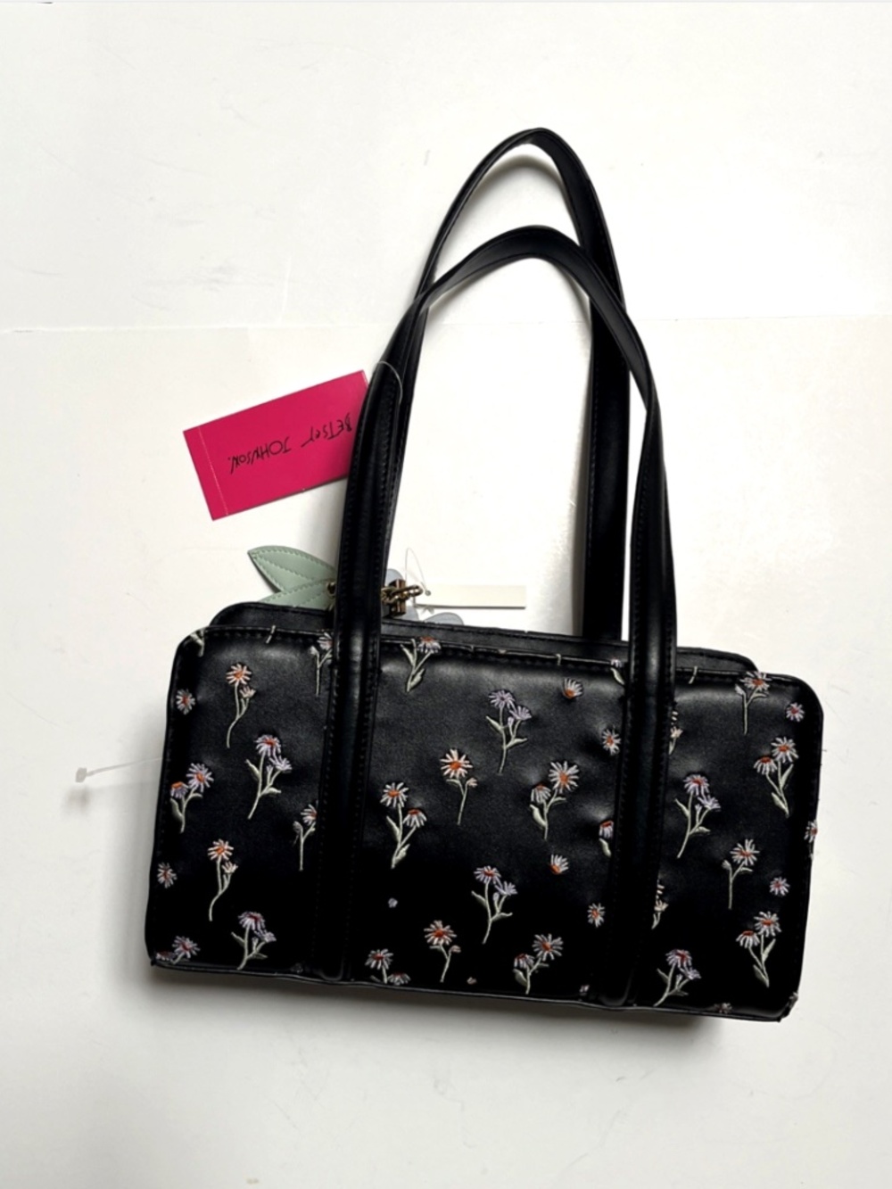 Betsey Johnson Floral Embroidered Satchel Bag Charm Black Shoulder NWT - Picture 5 of 10